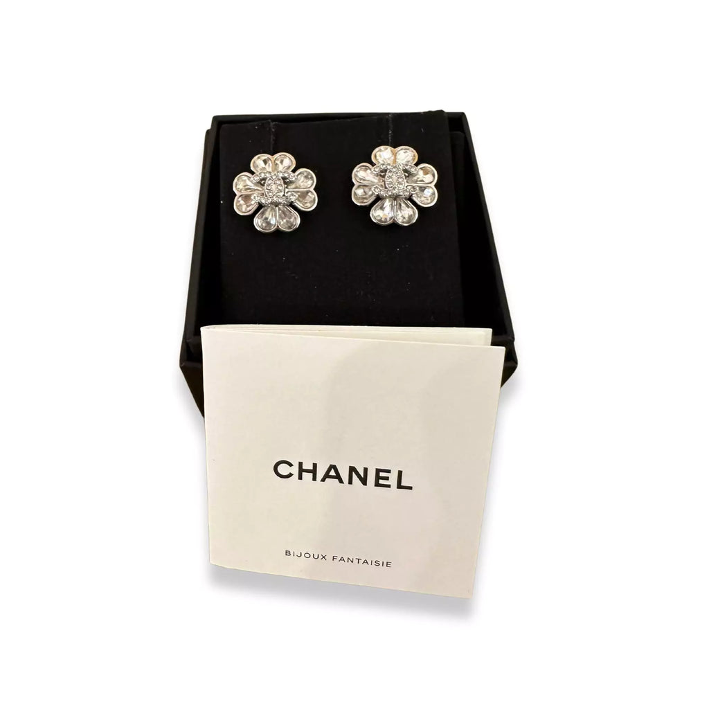 CHANEL SILVER CC CRYSTAL FLOWER EARRINGS