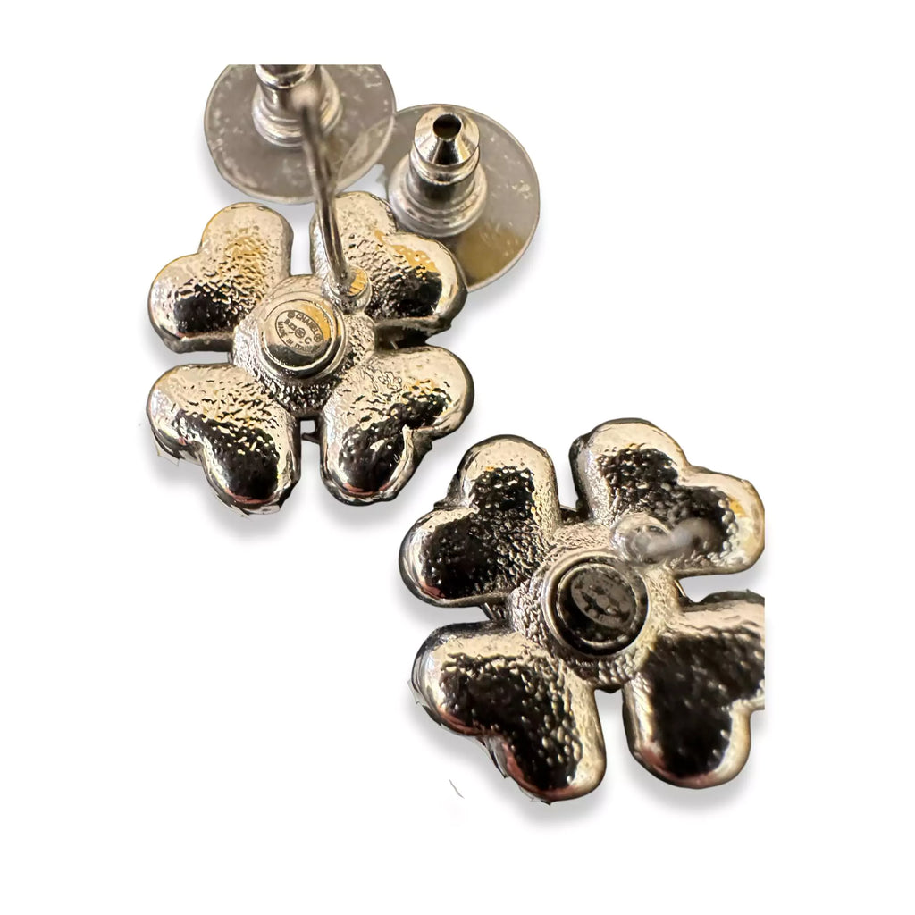 CHANEL SILVER CC CRYSTAL FLOWER EARRINGS