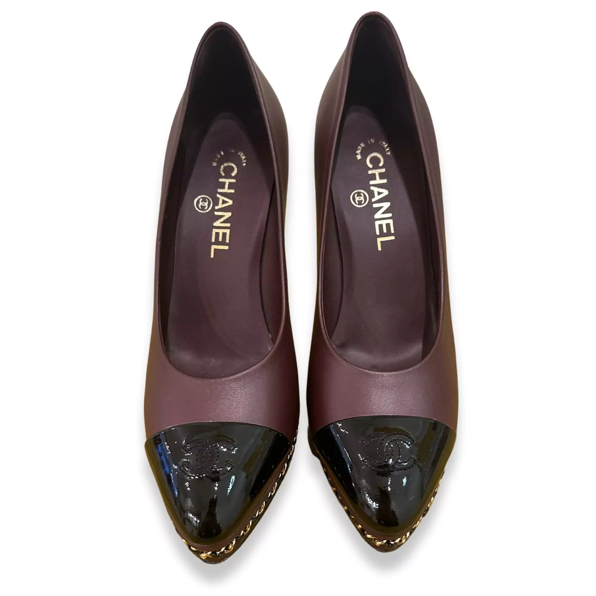 CHANEL BURGUNDY LEATHER CHAIN PUMPS