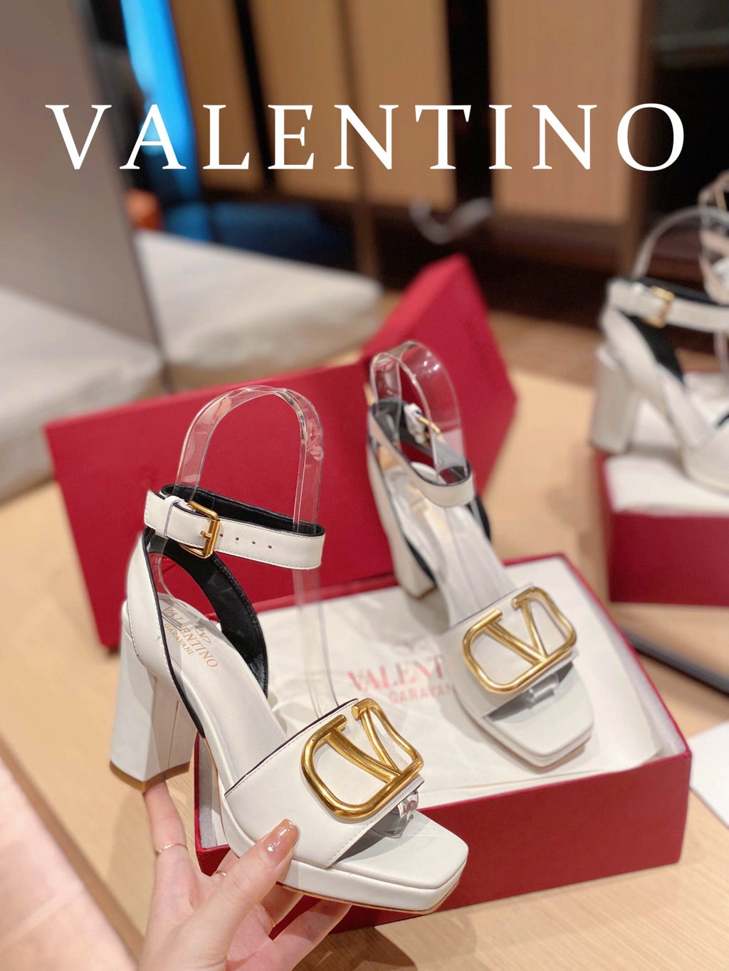 Valentino Garavani Strap Heeled Sandals With V Logo Signature EmbellisGLAMIent White For Women