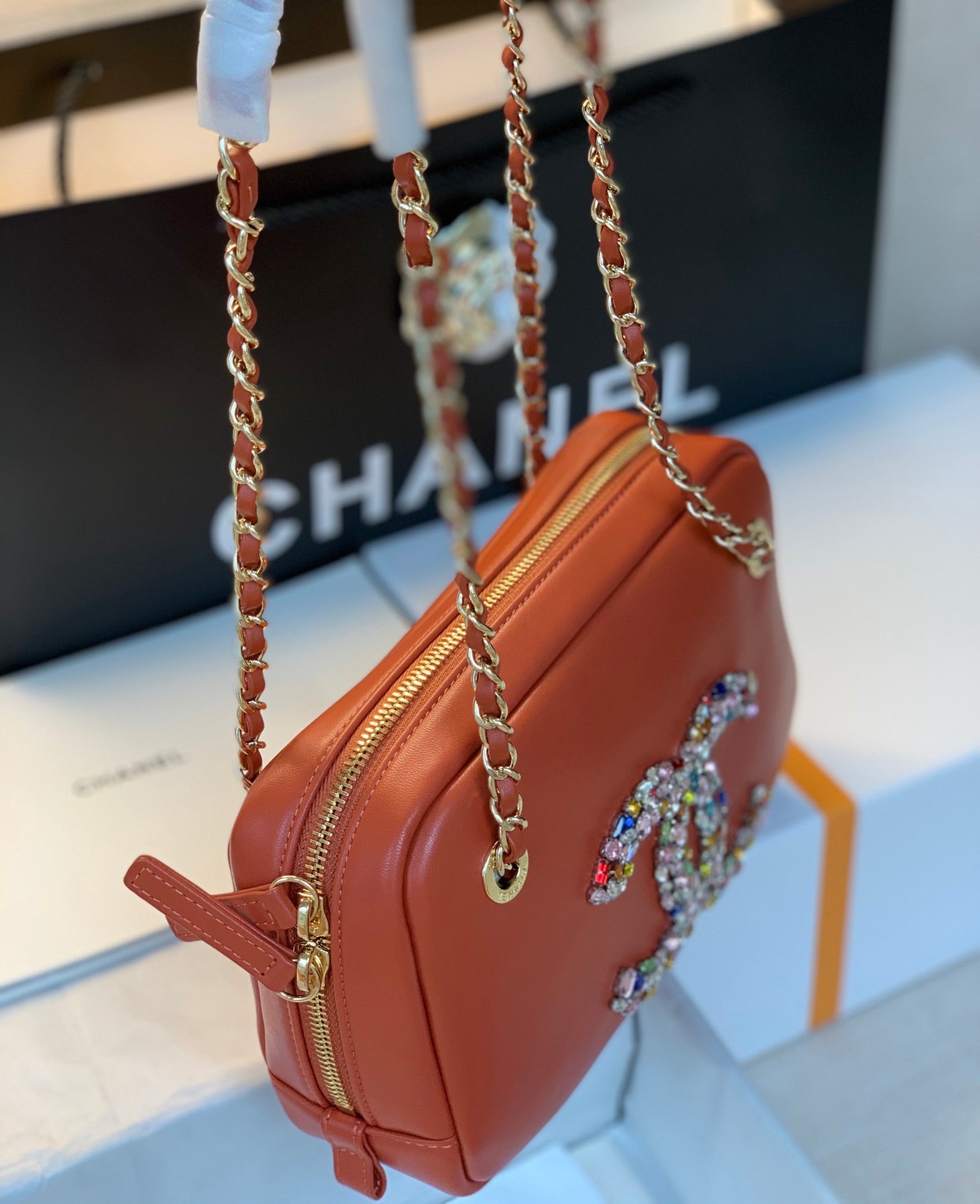 CHL Camera Cubic GLAMIamonds Brown Bag For Women 12.5cm/4.9in