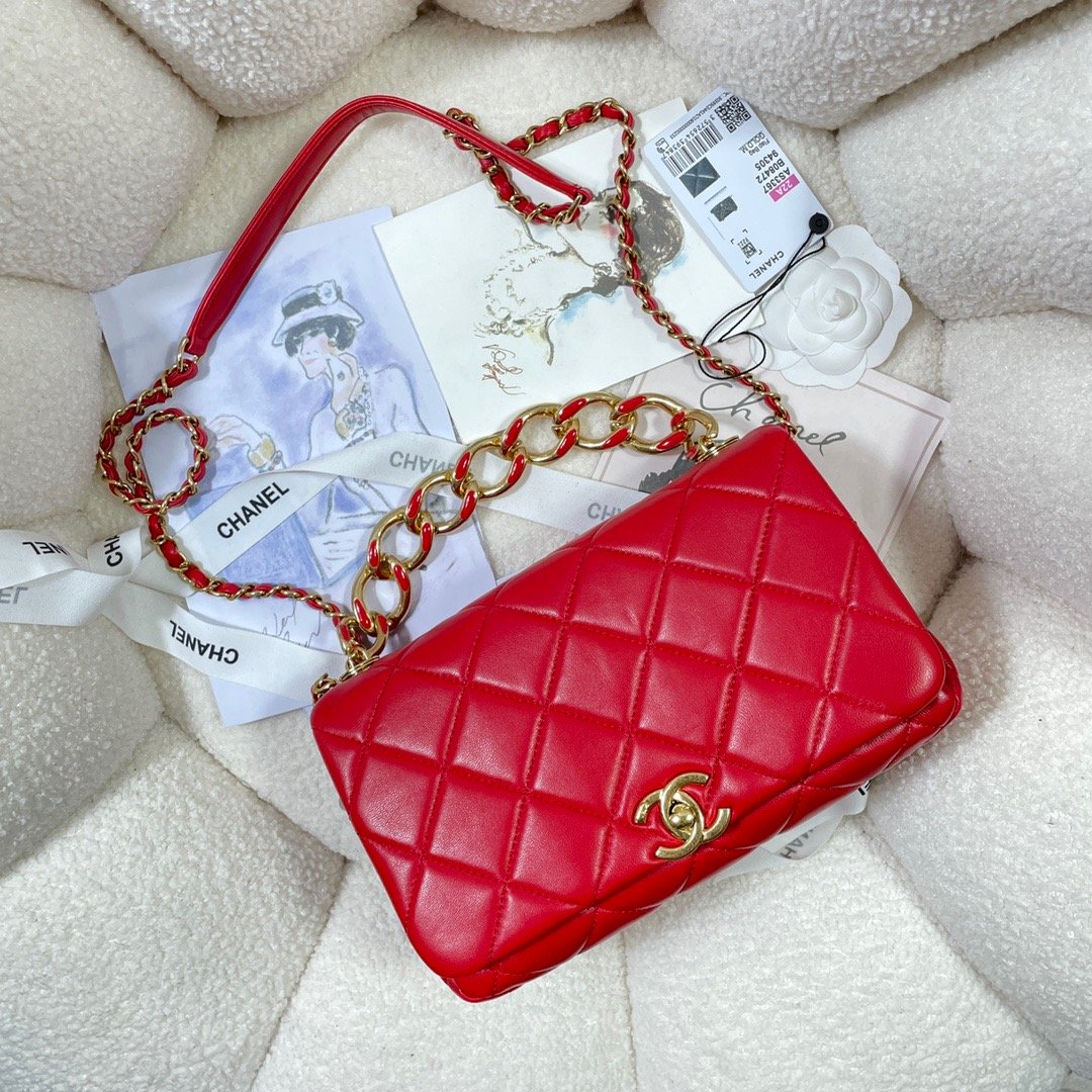 CHLLarge Flap Bag Gold Hardware Red For Women, Women’s Handbags, Shoulder Bags 9.1in/23cm AS3367