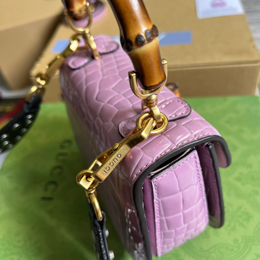 gg Bamboo 1947 Crocodile Mini Top Handle Bag Pink For Women, Women’s Bags 6.7in/17cm gg