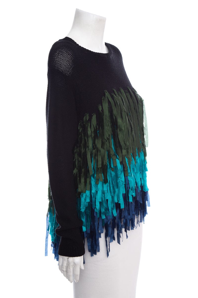 Dries Van Noten Black & Blue Fringe Crew Neck Sweater SZ S