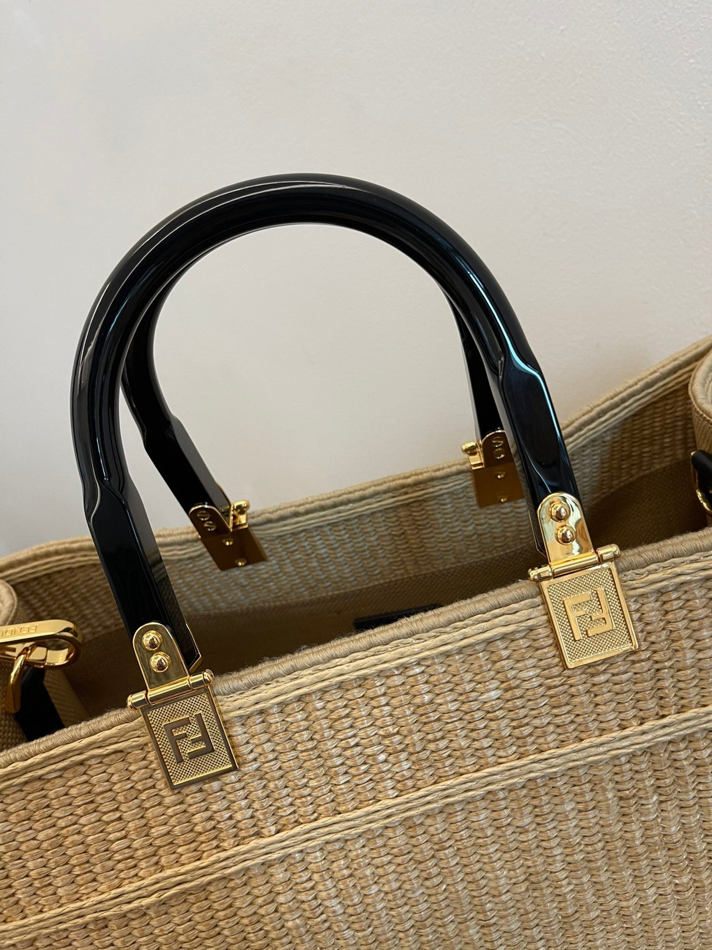 FI Sunshine MeGLAMIum Beige and Black straw shopper Bag For Woman 31cm/12in 8BH386AKRPF1CBX