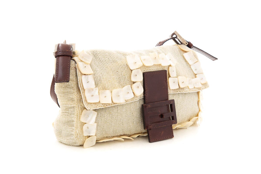 Fendi Cream Shell Beaded Baguette