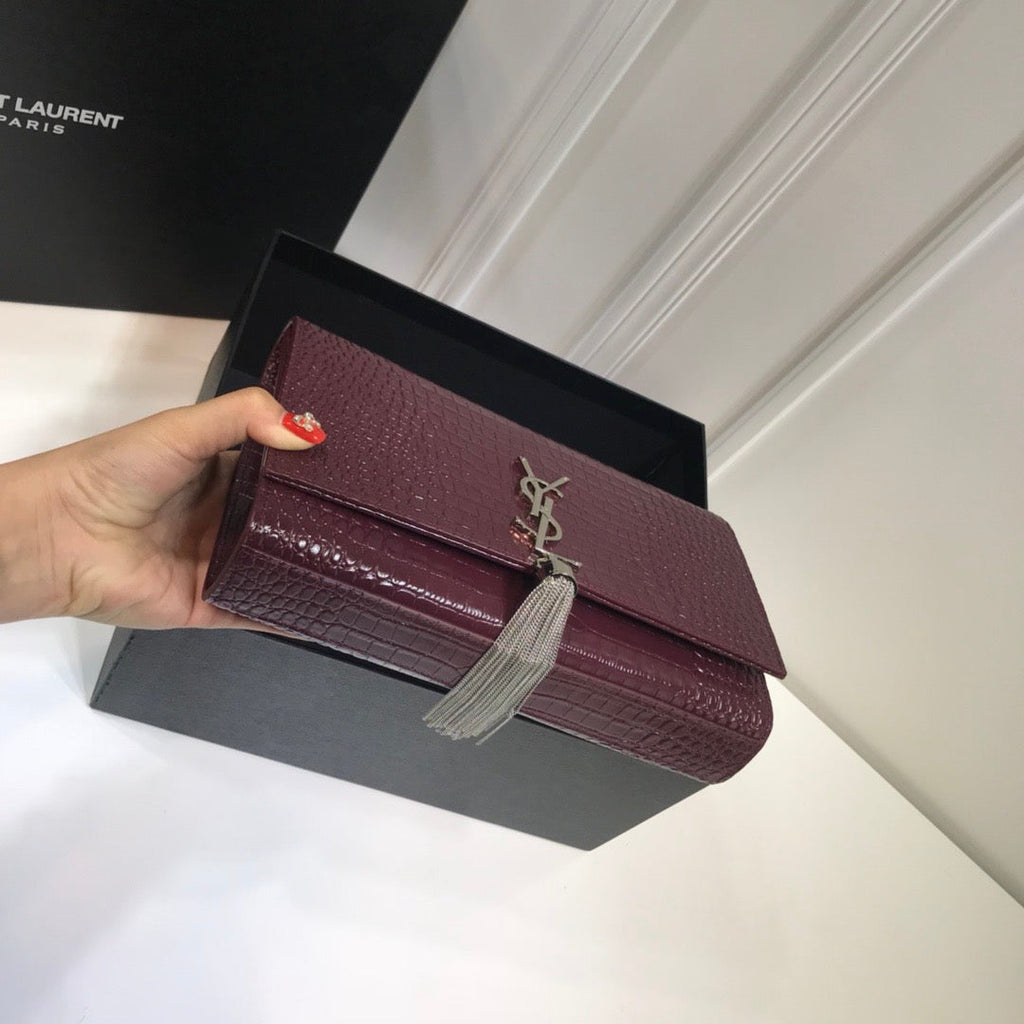 YSSL Kate Medium Chain Bag With Tassel In Embossed Crocodile Dark Violet For Women 9.4in/24cm YSL