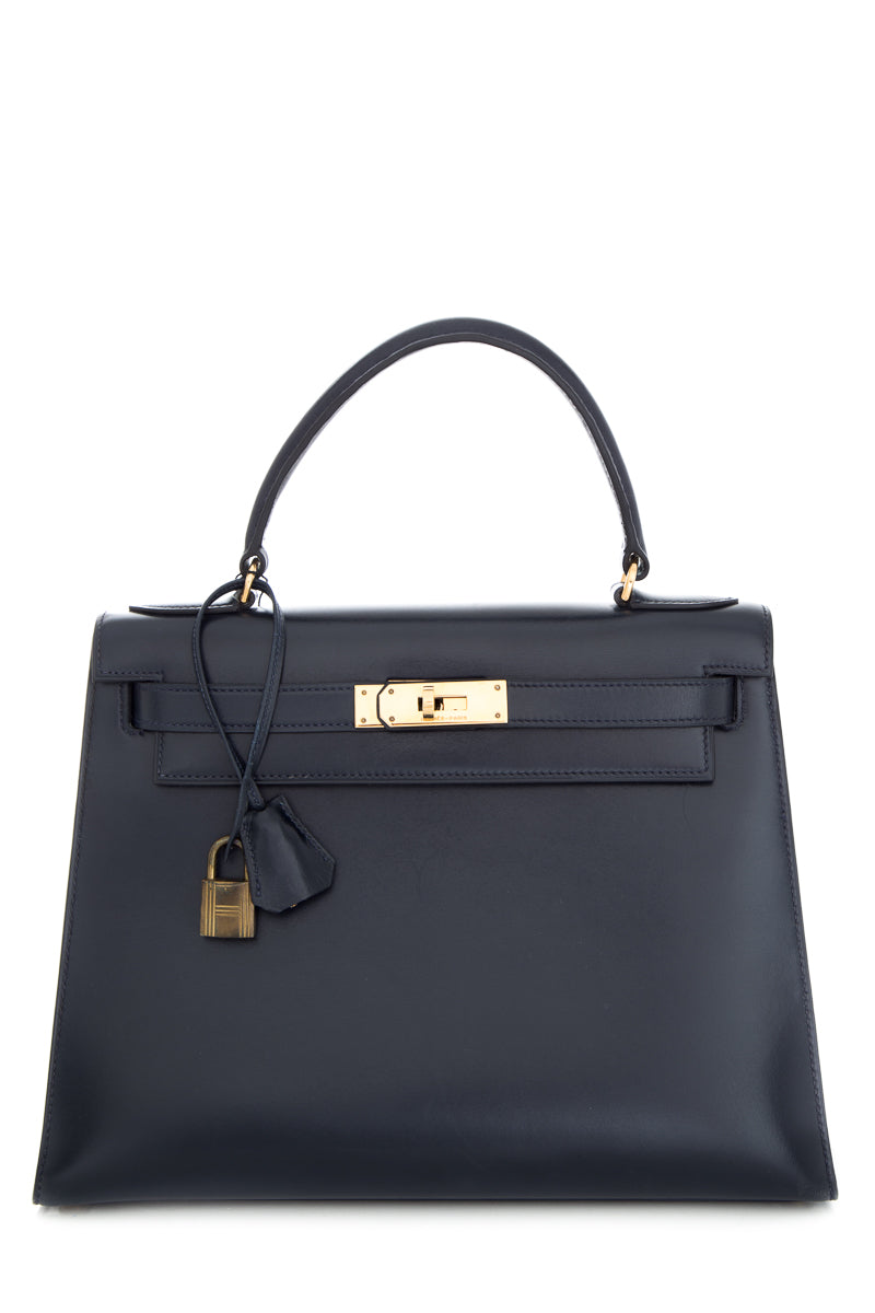 HermÃƒÆ’Ã‚Â¨s Vintage 1979 Kelly 28 CM ChÃƒÆ’Ã‚Â¨vre Leather in Bleu Marine with Gold Hardware