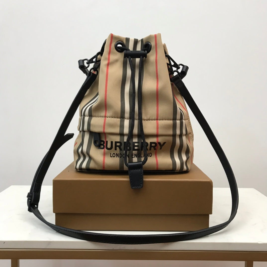 GLAMI Icon Stripe Nylon Drawcord Pouch Archive Beige For Women, Bags 7.7in/19.5cm