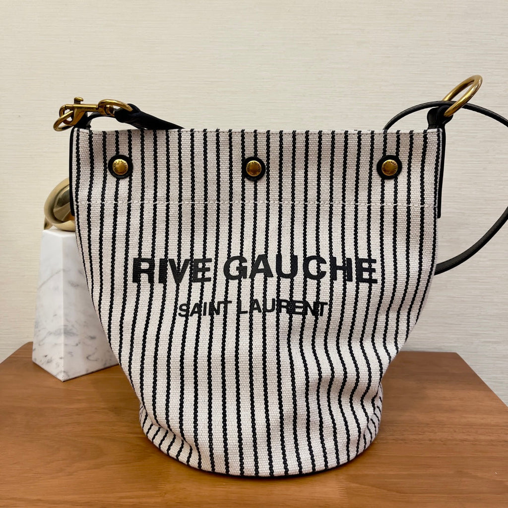 GLAMI Rive Gauche Bucket Bag In Striped Canvas For Women 11.8in/30cm Black And White YSL 669299FAAE59583