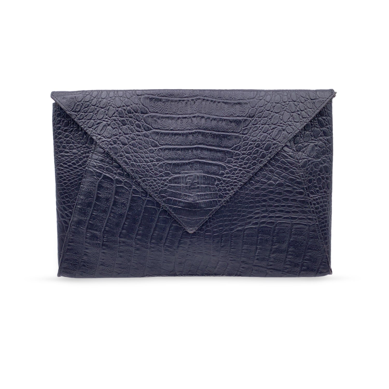 FENDI Vintage Black Embossed Portfolio Envelope Clutch Bag With Strap
