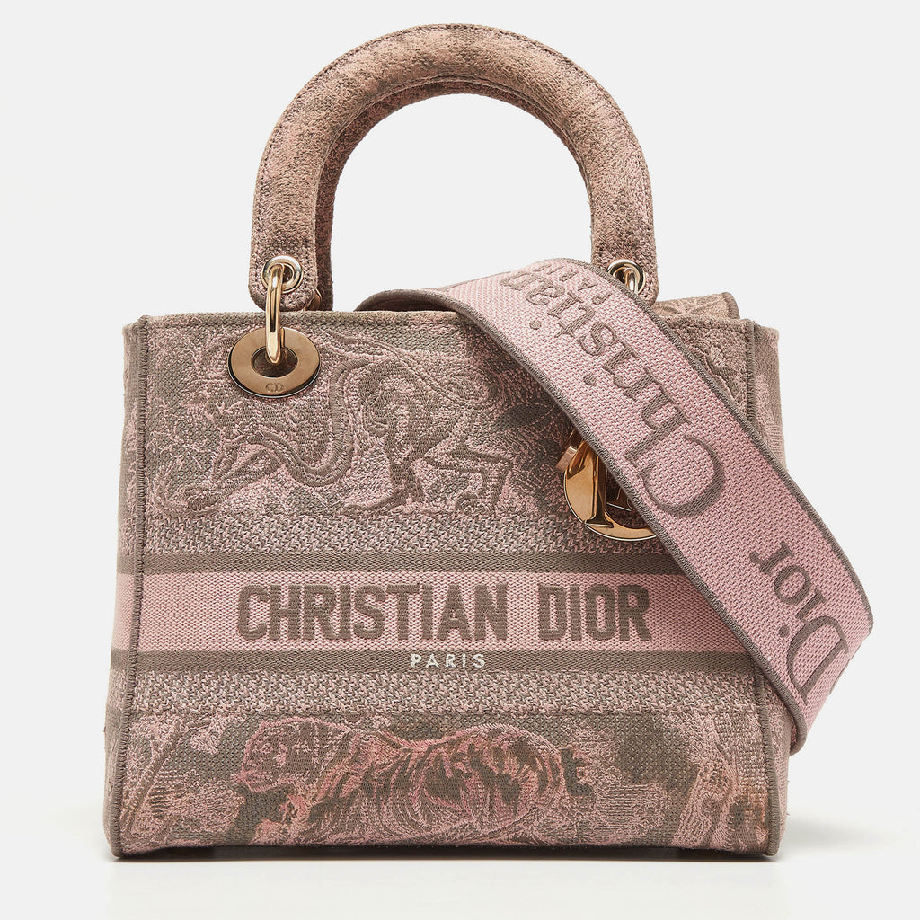 Dior /grey Embroidered Canvas Medium Lady D-Lite Tote