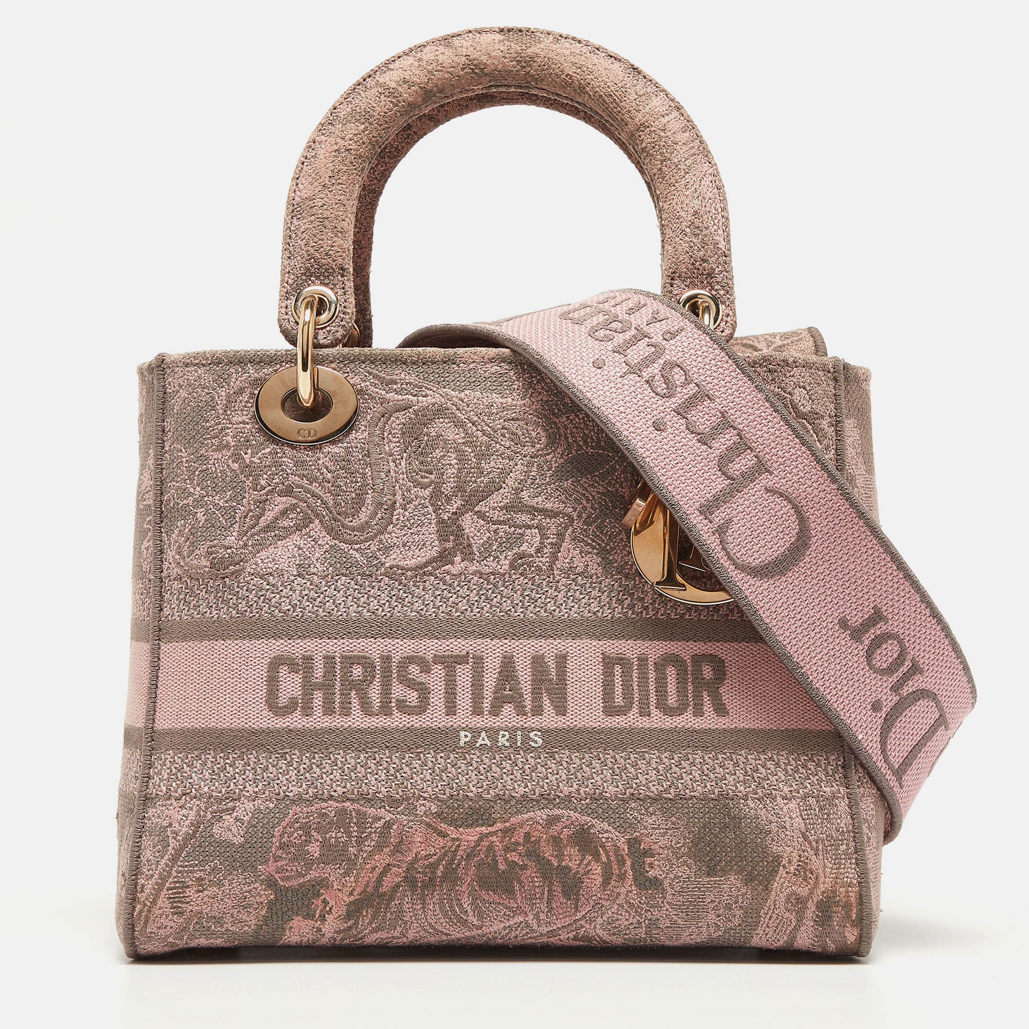 Dior /grey Embroidered Canvas Medium Lady D-Lite Tote