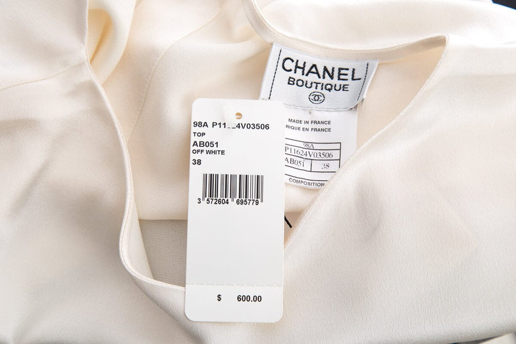 Chanel Cream Satin Silk Short Sleeve Blouse SZ 38 NWT