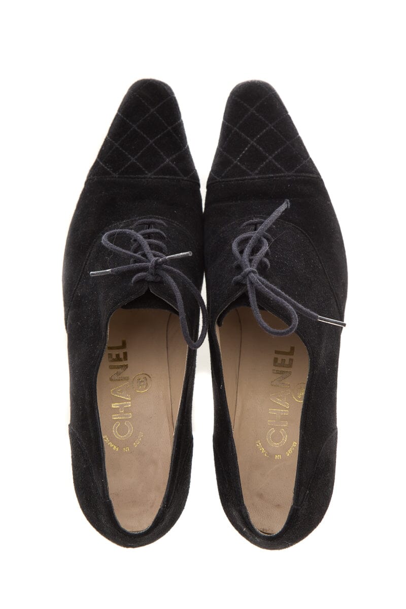 Chanel Black Suede Lace Up Low Heels SZ 37