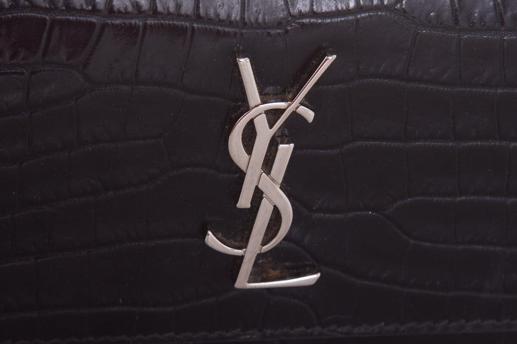 Saint Laurent SUNSET Black Embossed Croc Cross-Body W/ Silvertone Hardware