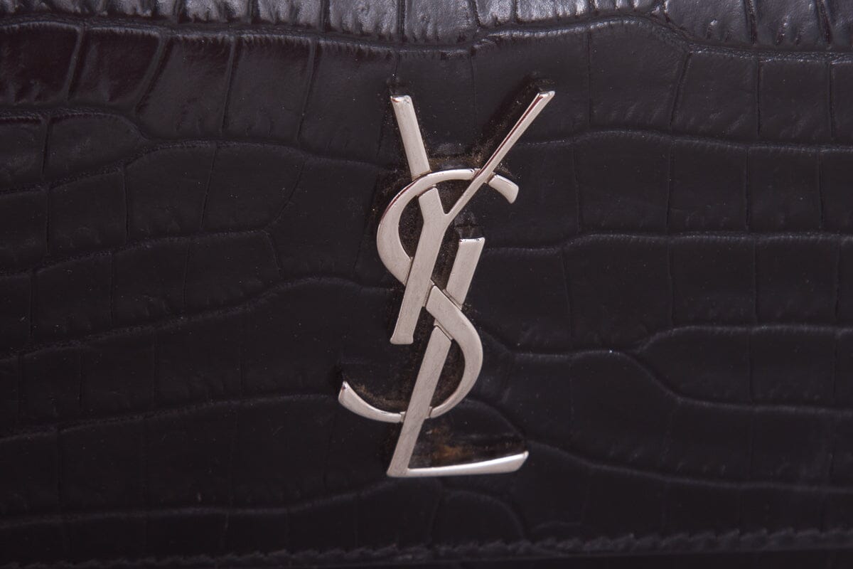 Saint Laurent SUNSET Black Embossed Croc Cross-Body W/ Silvertone Hardware