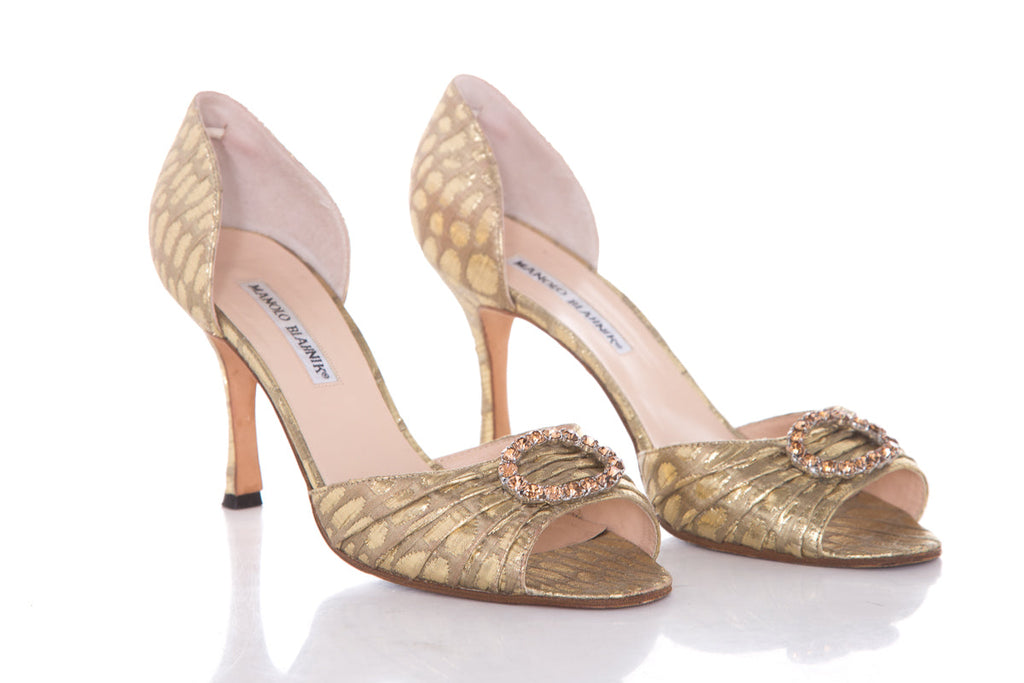 Manolo Blahnik Gold Embellished Peep Toe Heels SZ 39.5