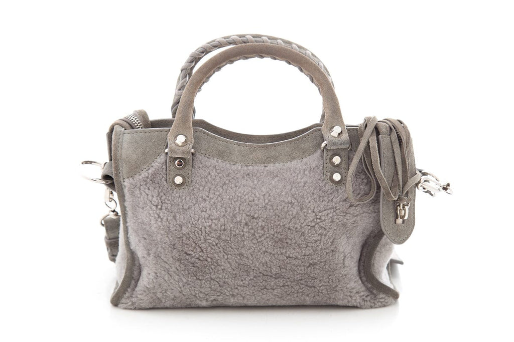 Balenciaga Grey Shearling & Suede Motocross Handbag