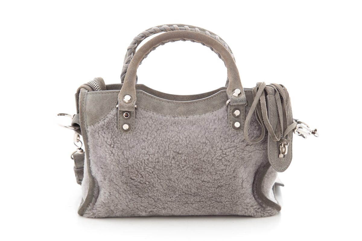 Balenciaga Grey Shearling & Suede Motocross Handbag