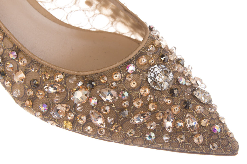 Rene Caovilla Gold Jeweled Lace Heels SZ 38