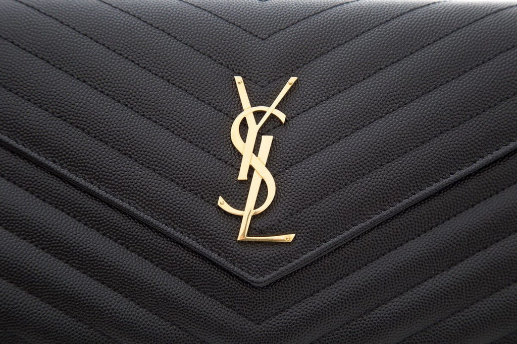 YSL Cassandre Matelasse Chain Wallet in Grain De Poudre Black Embossed Leather