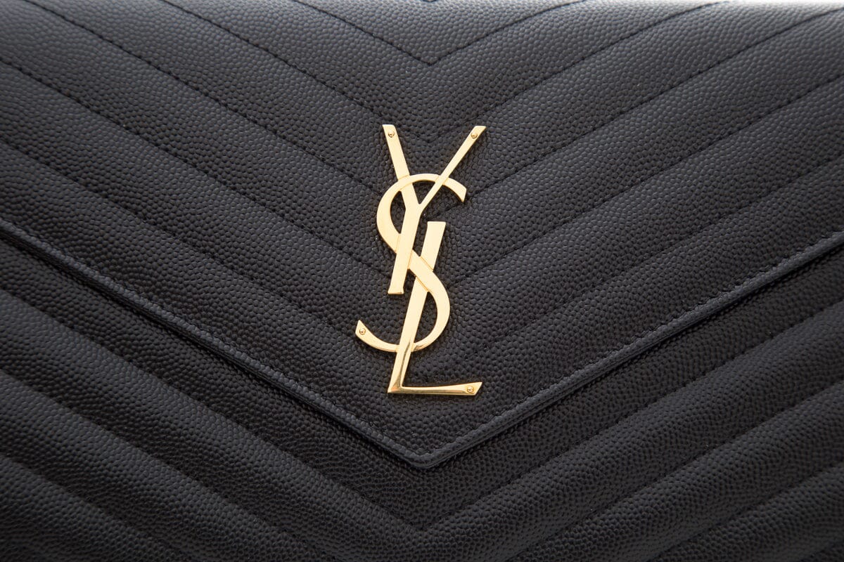 YSL Cassandre Matelasse Chain Wallet in Grain De Poudre Black Embossed Leather