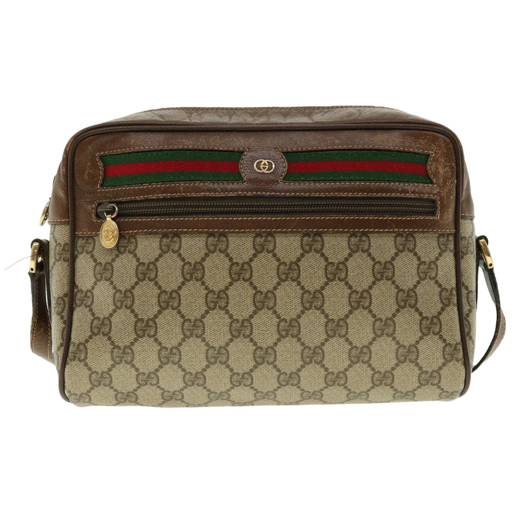 GUCCI GG Canvas Web Sherry Line Shoulder Bag PVC Leather Beige Green fm2201
