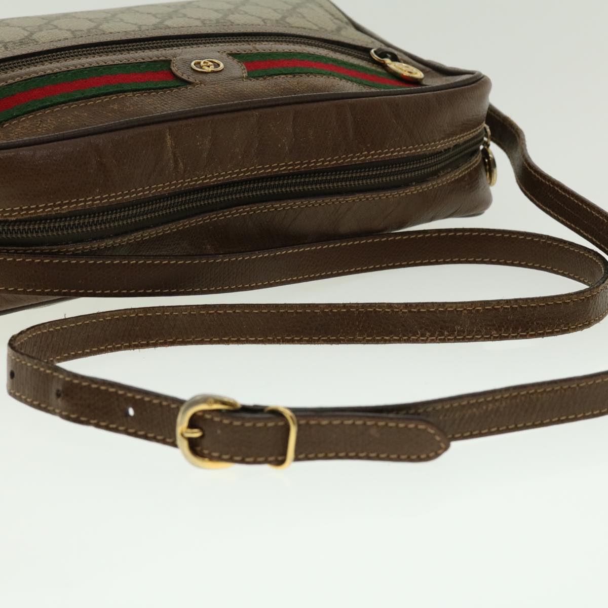 GUCCI GG Canvas Web Sherry Line Shoulder Bag PVC Leather Beige Green fm2201