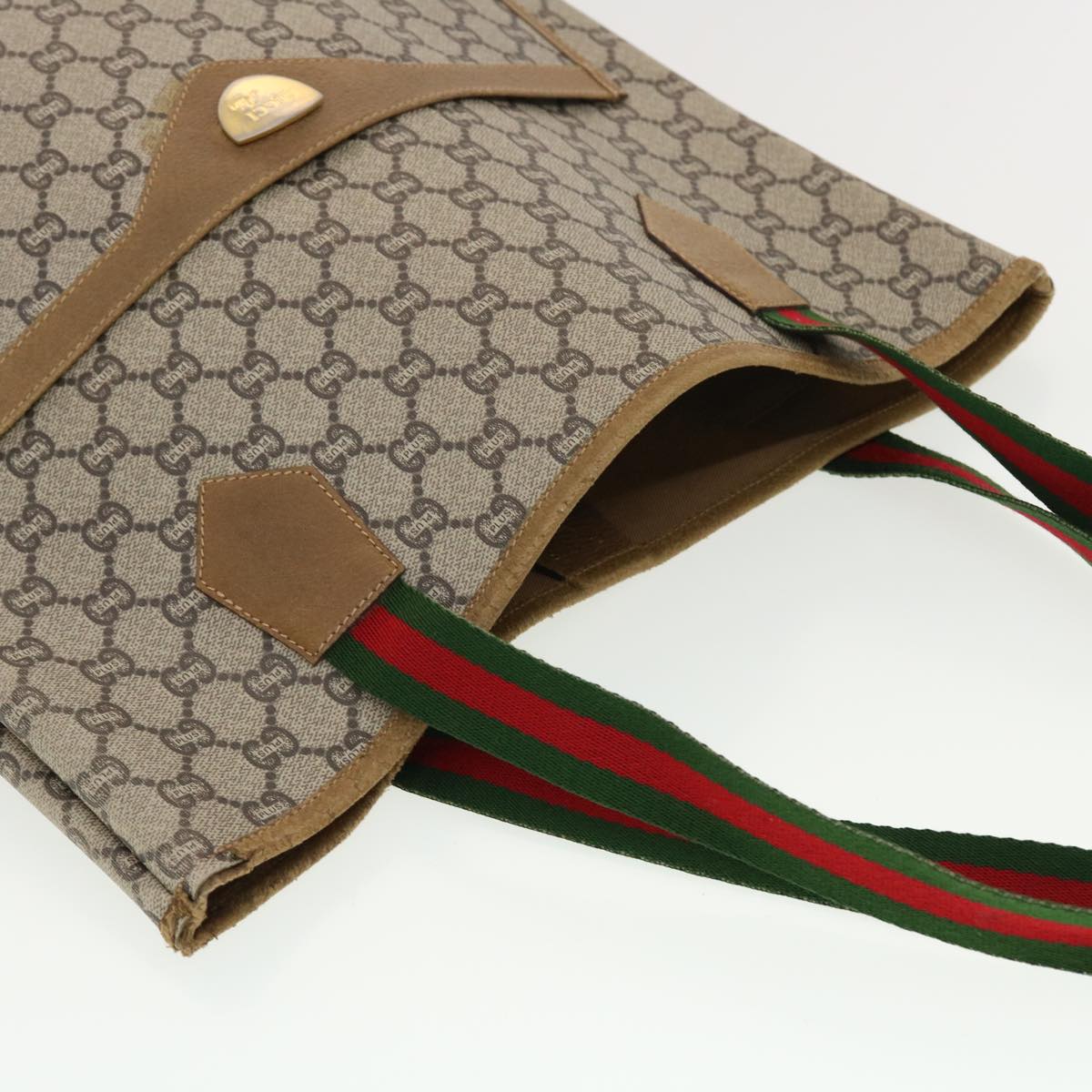 GUCCI GG Plus Canvas Web Sherry Line Tote Bag Beige Red Green fm2209