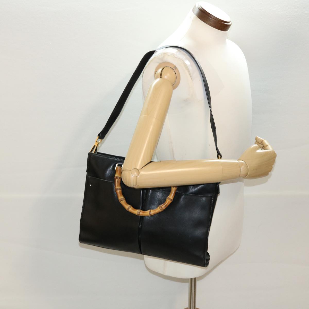 GUCCI Bamboo Hand Bag Leather 2way Black fm2374