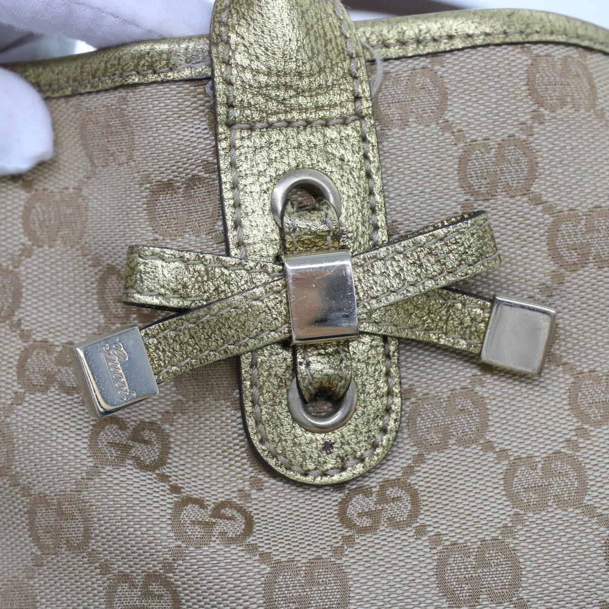 GUCCI GG Canvas Tote Bag Beige Gold Tone 163805 fm2594