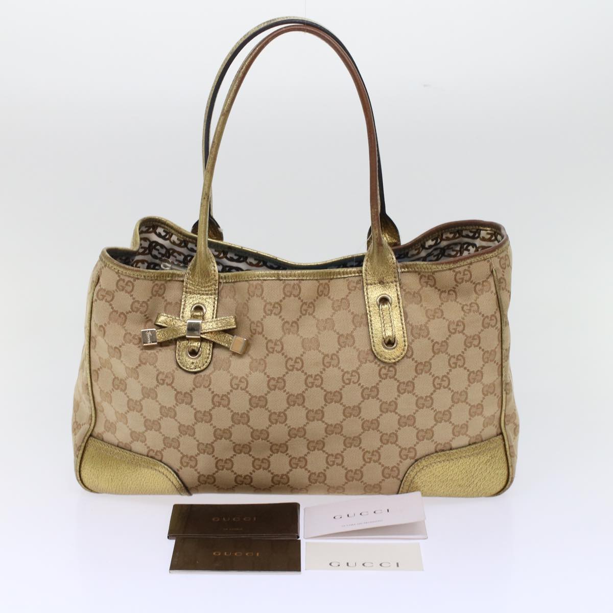GUCCI GG Canvas Tote Bag Beige Gold Tone 163805 fm2594