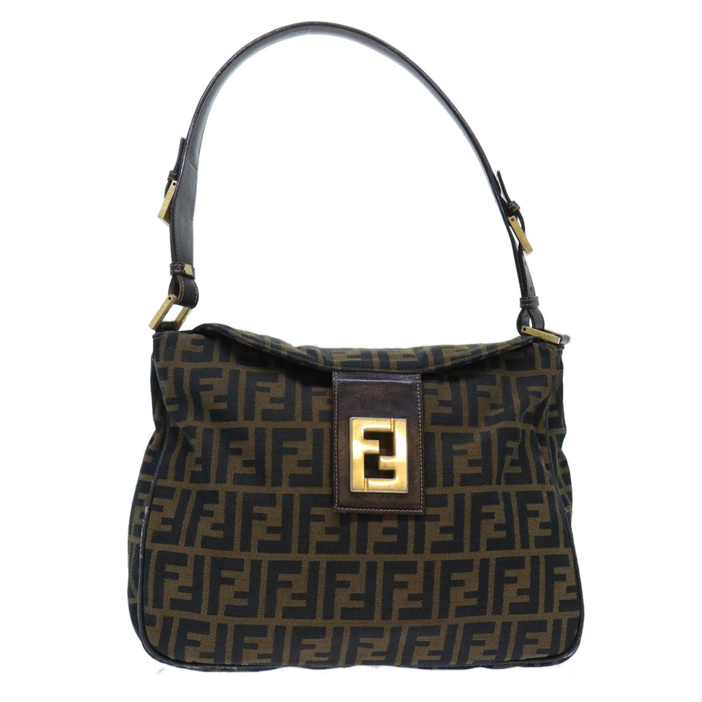 FENDI Zucca Canvas Shoulder Bag Leather Black Brown fm2602