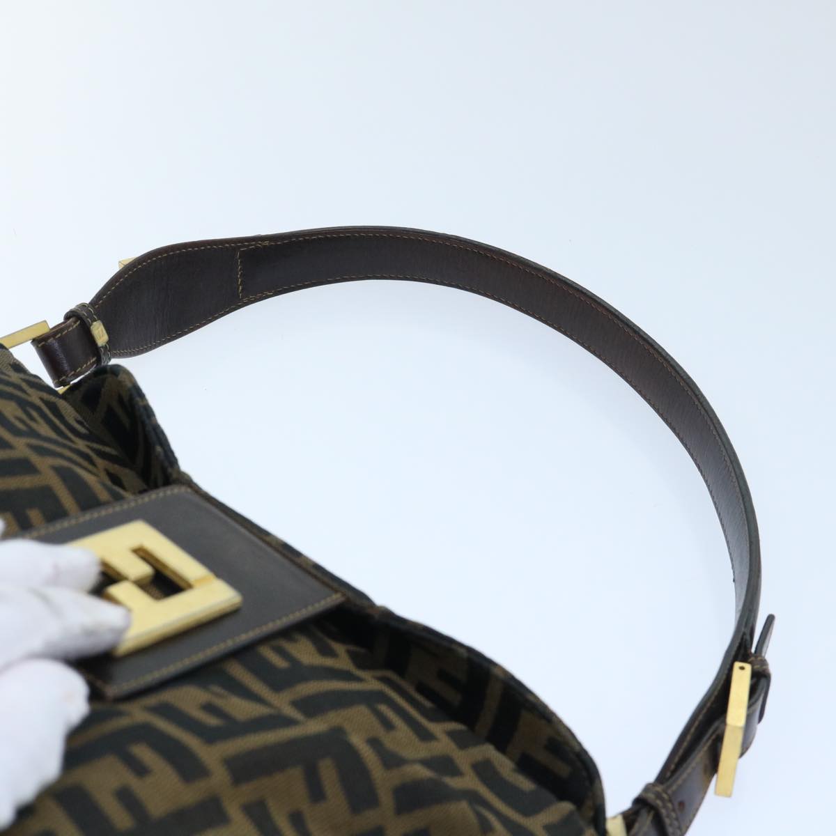 FENDI Zucca Canvas Shoulder Bag Leather Black Brown fm2602