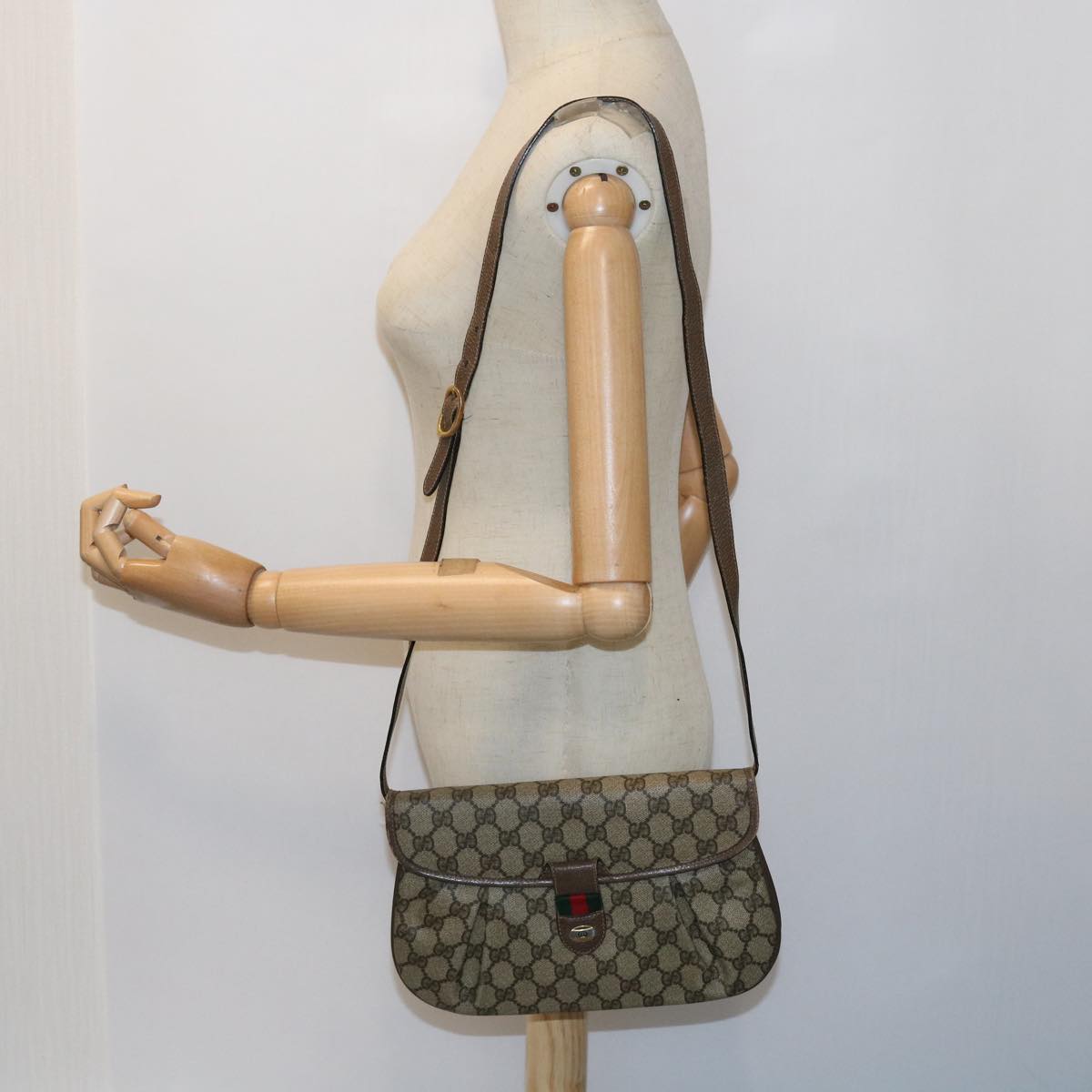GUCCI GG Supreme Web Sherry Line Shoulder Bag Green Beige 10 02 051 fm2778