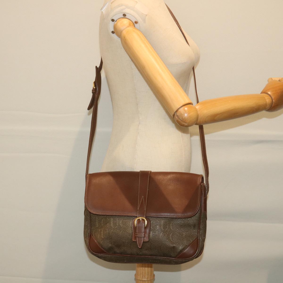 GUCCI Shoulder Bag Canvas Leather Beige Brown fm2880