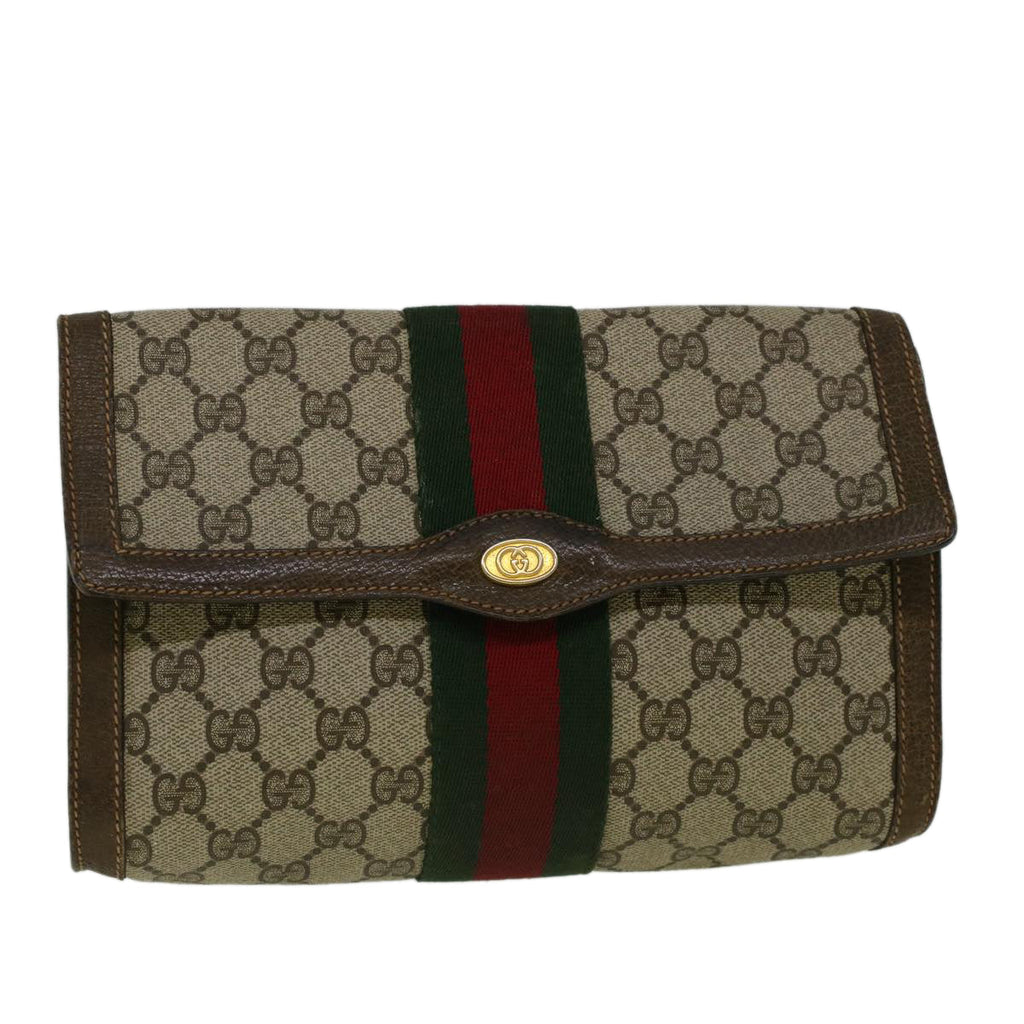 GUCCI GG Canvas Web Sherry Line Clutch Bag PVC Leather Beige Green fm2939