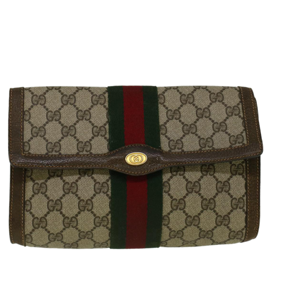 GUCCI GG Canvas Web Sherry Line Clutch Bag PVC Leather Beige Green fm2939