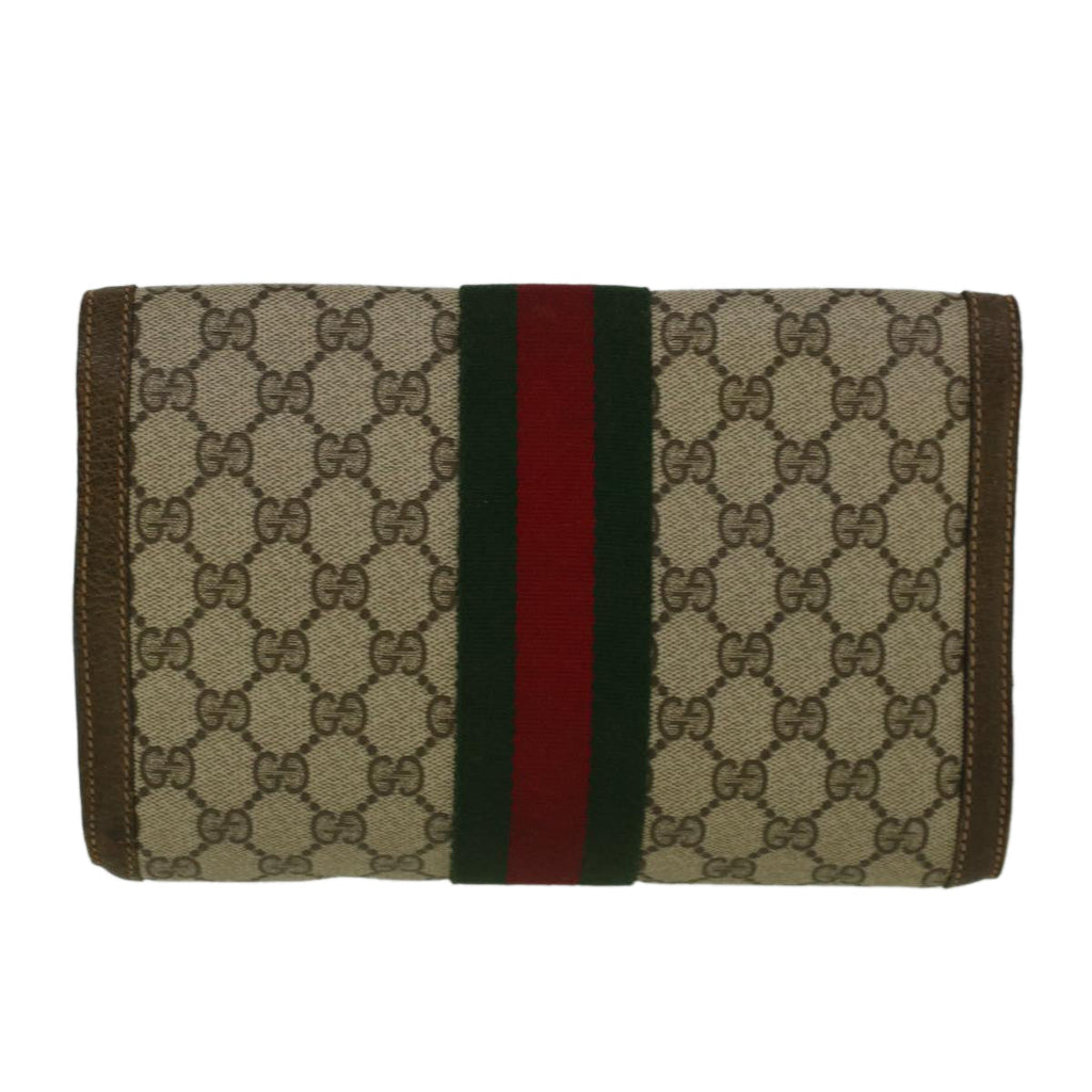 GUCCI GG Canvas Web Sherry Line Clutch Bag PVC Leather Beige Green fm2939