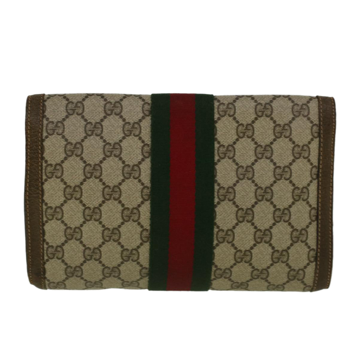 GUCCI GG Canvas Web Sherry Line Clutch Bag PVC Leather Beige Green fm2939
