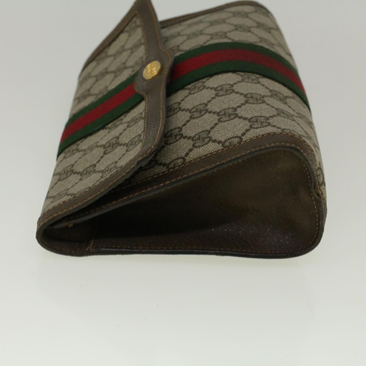 GUCCI GG Canvas Web Sherry Line Clutch Bag PVC Leather Beige Green fm2939