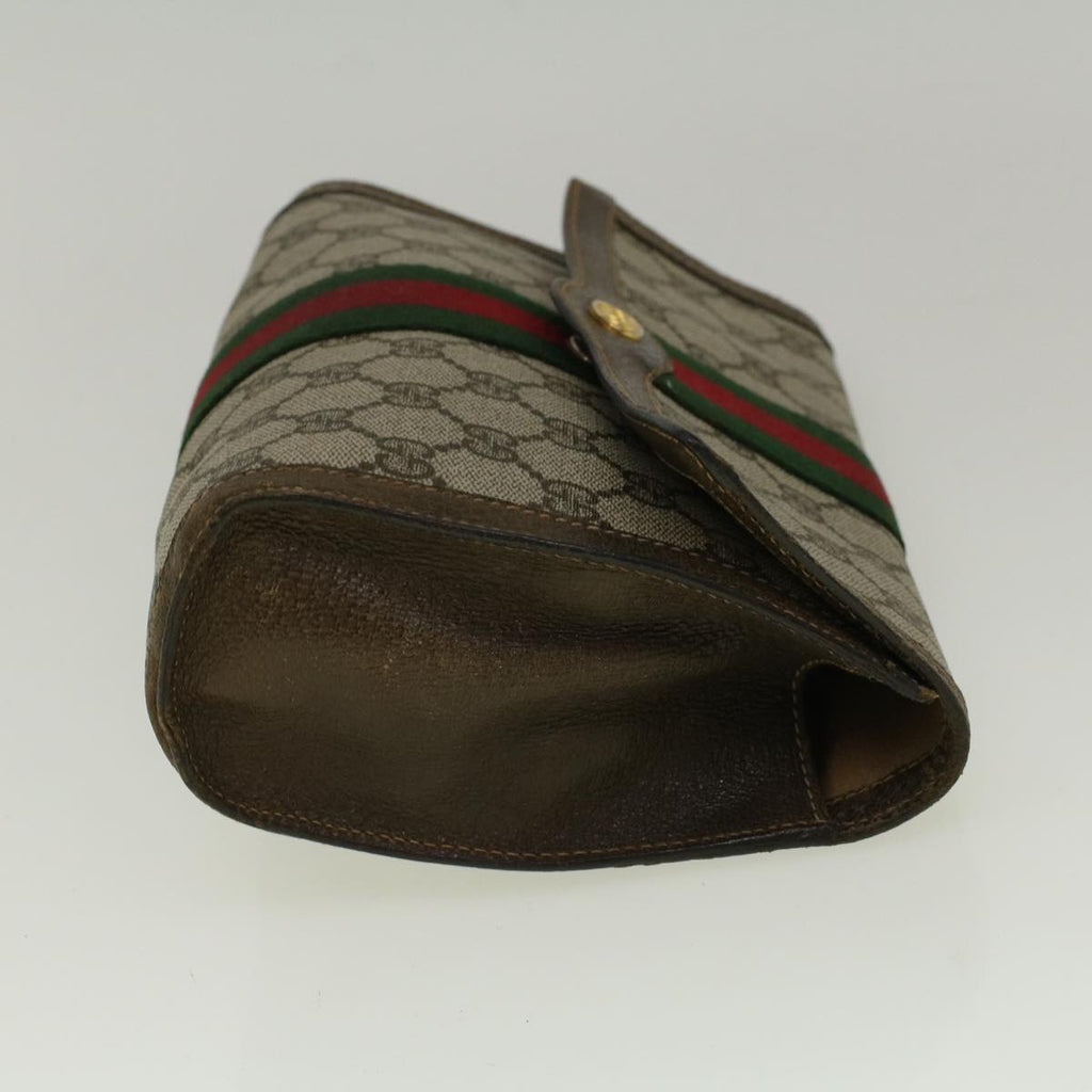 GUCCI GG Canvas Web Sherry Line Clutch Bag PVC Leather Beige Green fm2939