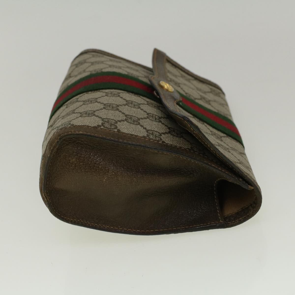 GUCCI GG Canvas Web Sherry Line Clutch Bag PVC Leather Beige Green fm2939