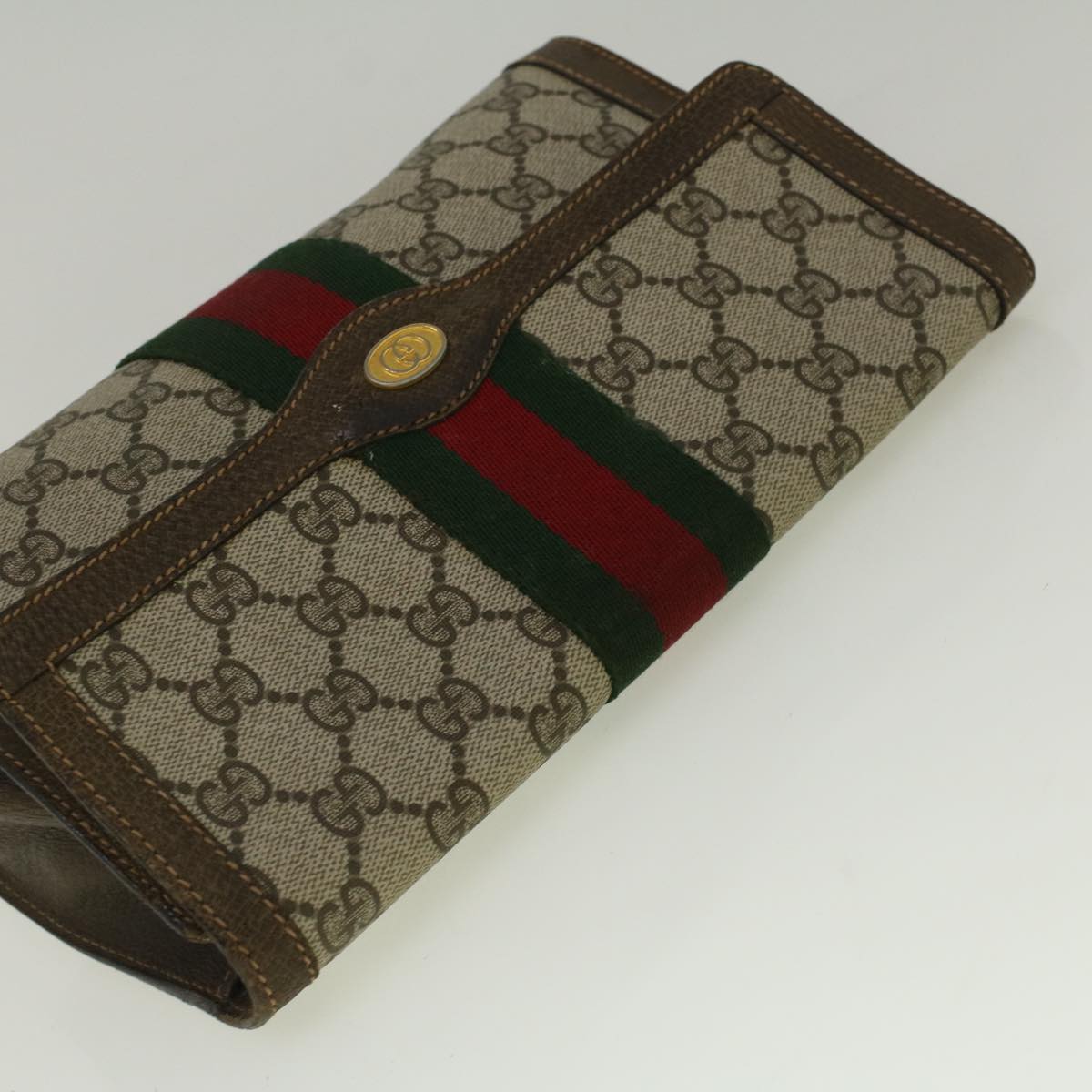 GUCCI GG Canvas Web Sherry Line Clutch Bag PVC Leather Beige Green fm2939