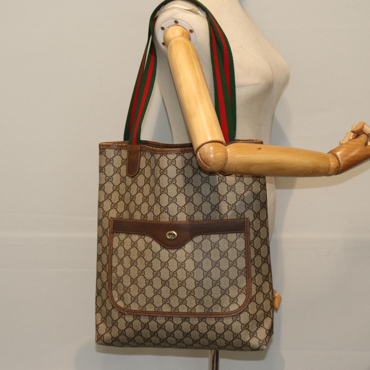 GUCCI GG Supreme Web Sherry Line Tote Bag PVC Beige Red 123 02003 fm3508