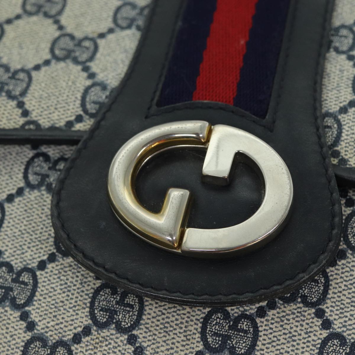 GUCCI GG Supreme Sherry Line Shoulder Bag PVC Leather Navy Red fm3556