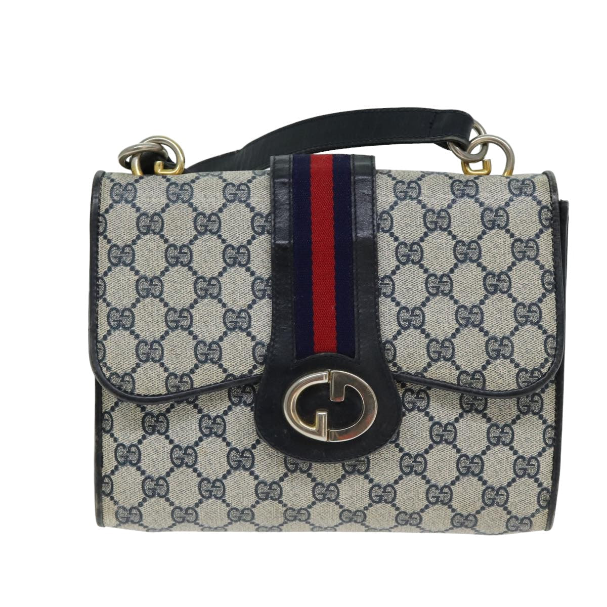 GUCCI GG Supreme Sherry Line Shoulder Bag PVC Leather Navy Red fm3556