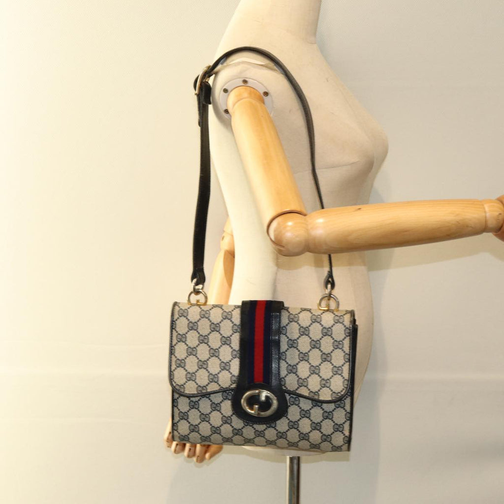 GUCCI GG Supreme Sherry Line Shoulder Bag PVC Leather Navy Red fm3556