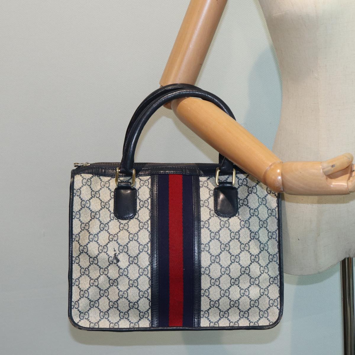 GUCCI GG Canvas Sherry Line Hand Bag PVC Leather Navy fm3583